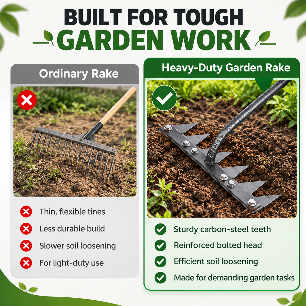 Heavy-Duty Carbon Steel Garden Rake – Multi-Purpose Soil Cultivator & Weed Remover