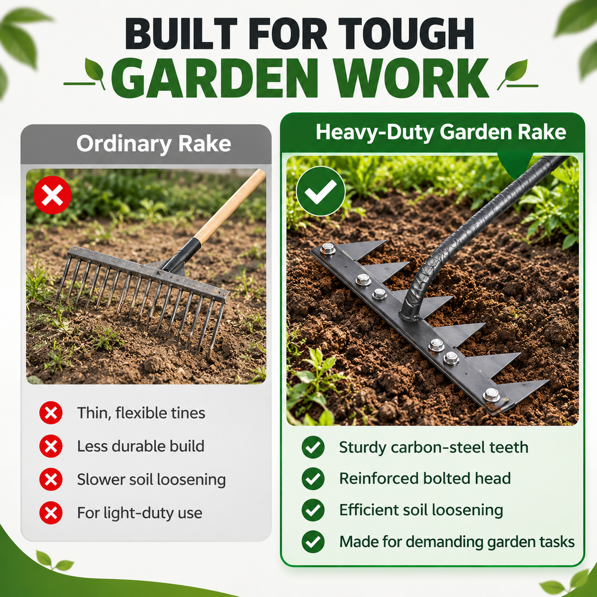 Heavy-Duty Carbon Steel Garden Rake – Multi-Purpose Soil Cultivator & Weed Remover